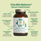 Image of a multivitamin bottle labeled You Glow Girl by The Synergy Company. The bottle is surrounded by text highlighting features such as amber glass, no chemicals or fillers, organic ingredients, and fermented nutrients for antioxidant support and stress balance.