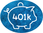 Illustration of a white outline of a piggy bank with 401k written on its side, set against a textured blue oval background.