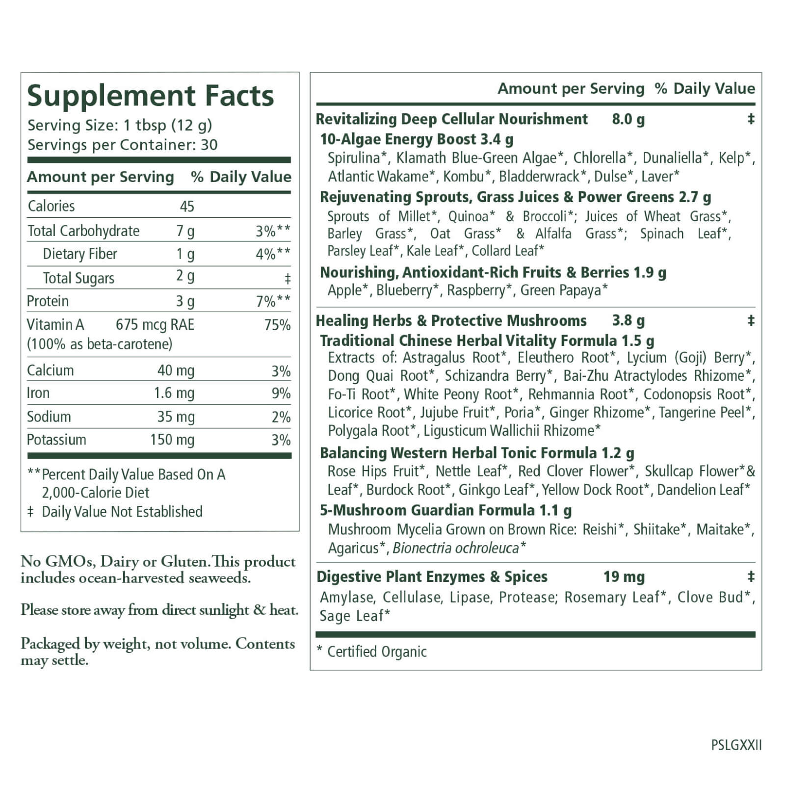 Supplement facts label for The Synergy Company's Beginner Bundle dietary supplement, displaying nutrient content per serving, daily values, and a list of ingredients such as organic superfood greens, herbs, mushrooms, and berries. Serving size: 1 tbsp (12g). This non-GMO, dairy-free product is your go-to super greens powder.