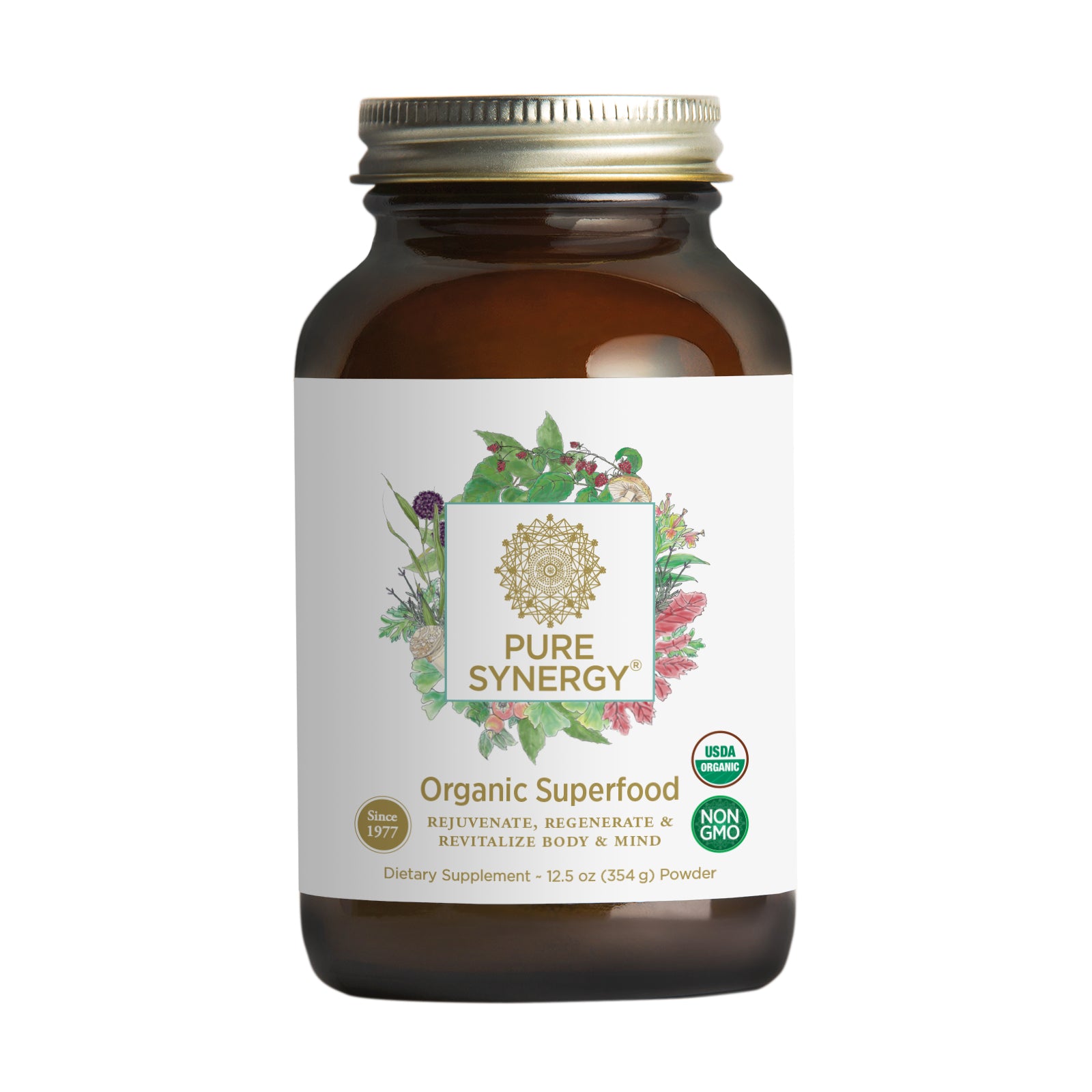 A 12.5 oz brown jar of Pure Synergy® Organic Superfood powder, featuring floral graphics, USDA Organic and Non-GMO badges, a gold lid, and containing a potent dietary supplement formula made with premium organic ingredients.