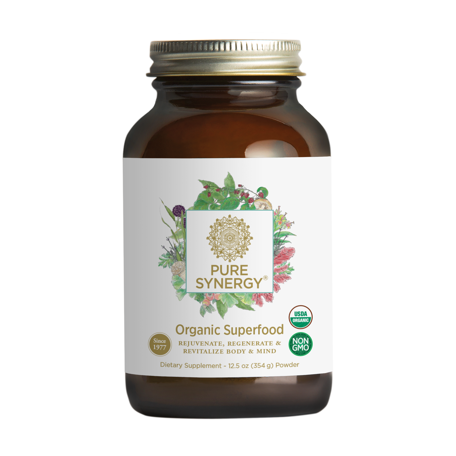 A brown glass jar labeled Pure Synergy® Organic Superfood — 12.5 oz Powder, featuring an illustrated floral design, USDA Organic and Non-GMO seals, and crafted with organic ingredients.