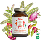 A brown bottle of Pure Radiance C® Capsules is displayed before botanical illustrations, featuring visible USDA Organic and Non-GMO labels.