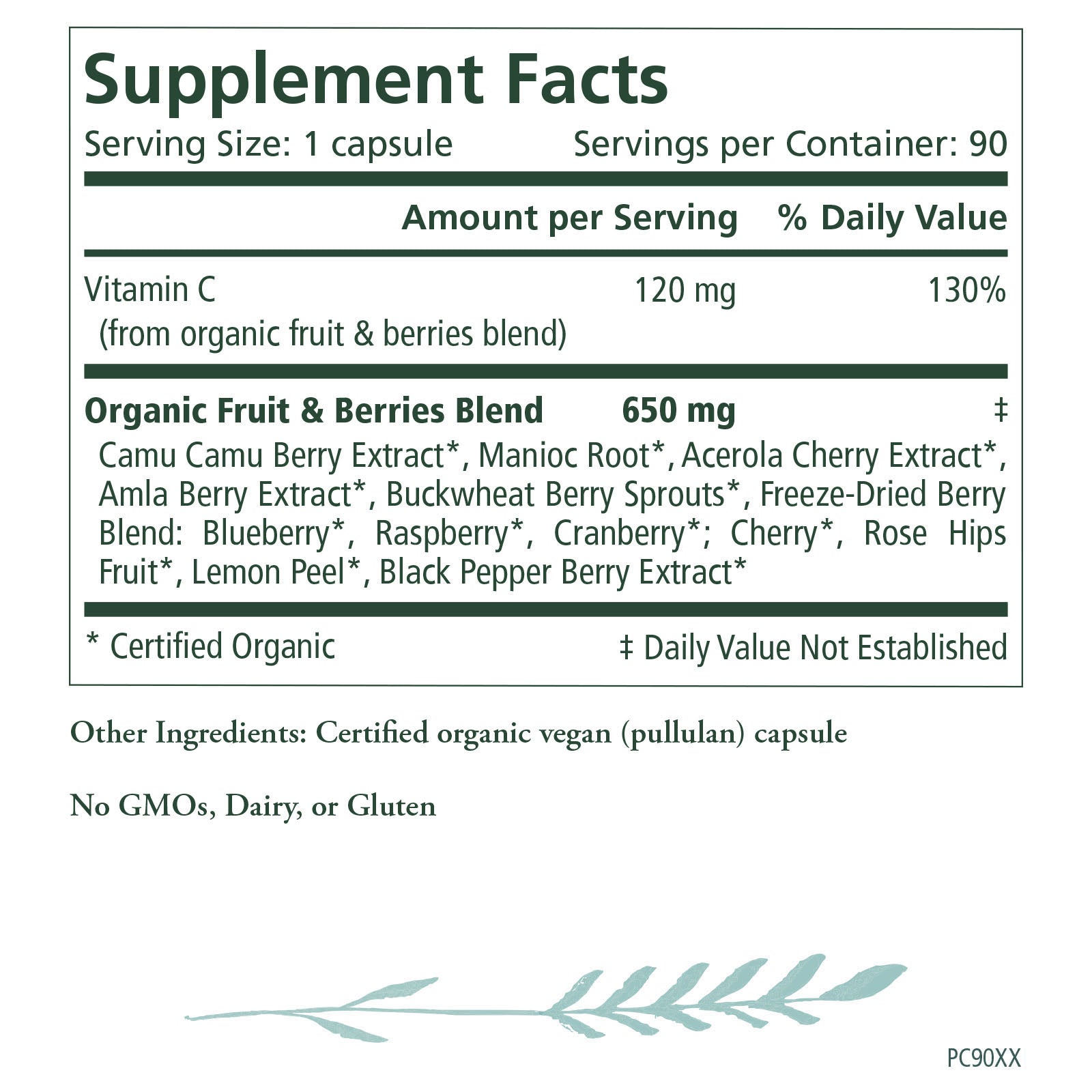 Supplement Facts label for organic fruit and berries blend. Includes Vitamin C (120 mg, 130% daily value) and a 650 mg organic fruit and berries blend. Contains certified organic ingredients, no GMOs, dairy, or gluten. Decorative leaf design below.