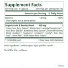 The Radiant Skin supplement by The Synergy Company includes a Supplement Facts label indicating a serving size of 1 capsule, which provides 120 mg of Vitamin C to support collagen production, along with a 650 mg Organic Fruit & Berries Blend. This certified organic, vegan, and GMO-free supplement offers an array of fruit and berry extracts for your enjoyment.