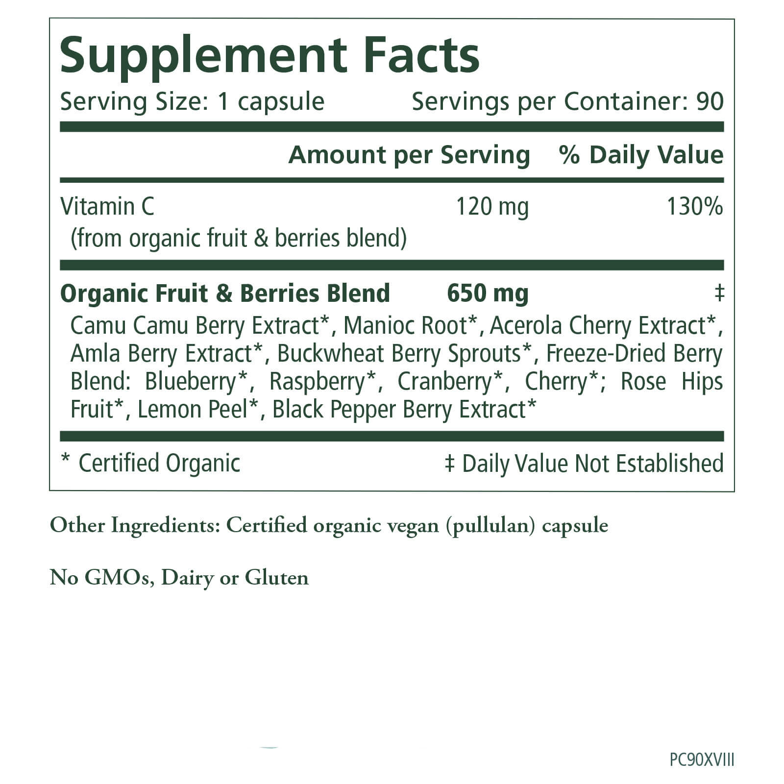 Supplement Facts label for a vegan capsule from The Synergy Company. Get Well Soon features Vitamin C and zinc to support the immune system, with a 650 mg organic fruit and berries blend that includes camu camu, acerola, blueberry, raspberry, cherry, among others. It is free of GMOs, dairy, or gluten. Packaging code: PC90XVIII.