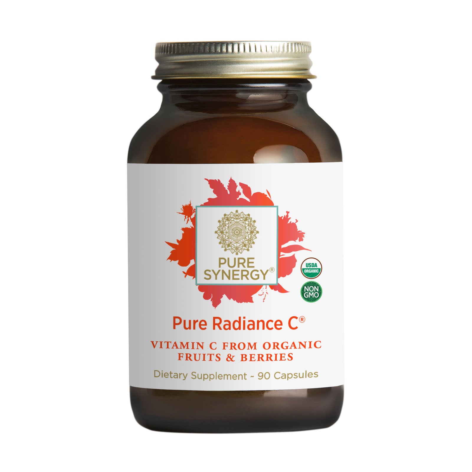 Brown glass bottle labeled Pure Radiance C® Capsules, a natural vitamin C supplement made from organic camu camu and acerola cherry, contains 90 capsules, and features USDA Organic and Non-GMO seals.
