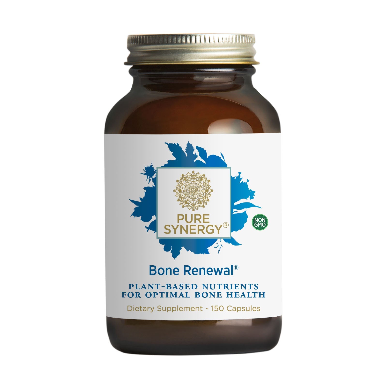 A brown glass bottle of The Synergy Company Bone Renewal® dietary supplement features a gold and blue label highlighting plant-based vitamins and minerals for bone health, and contains 150 capsules.