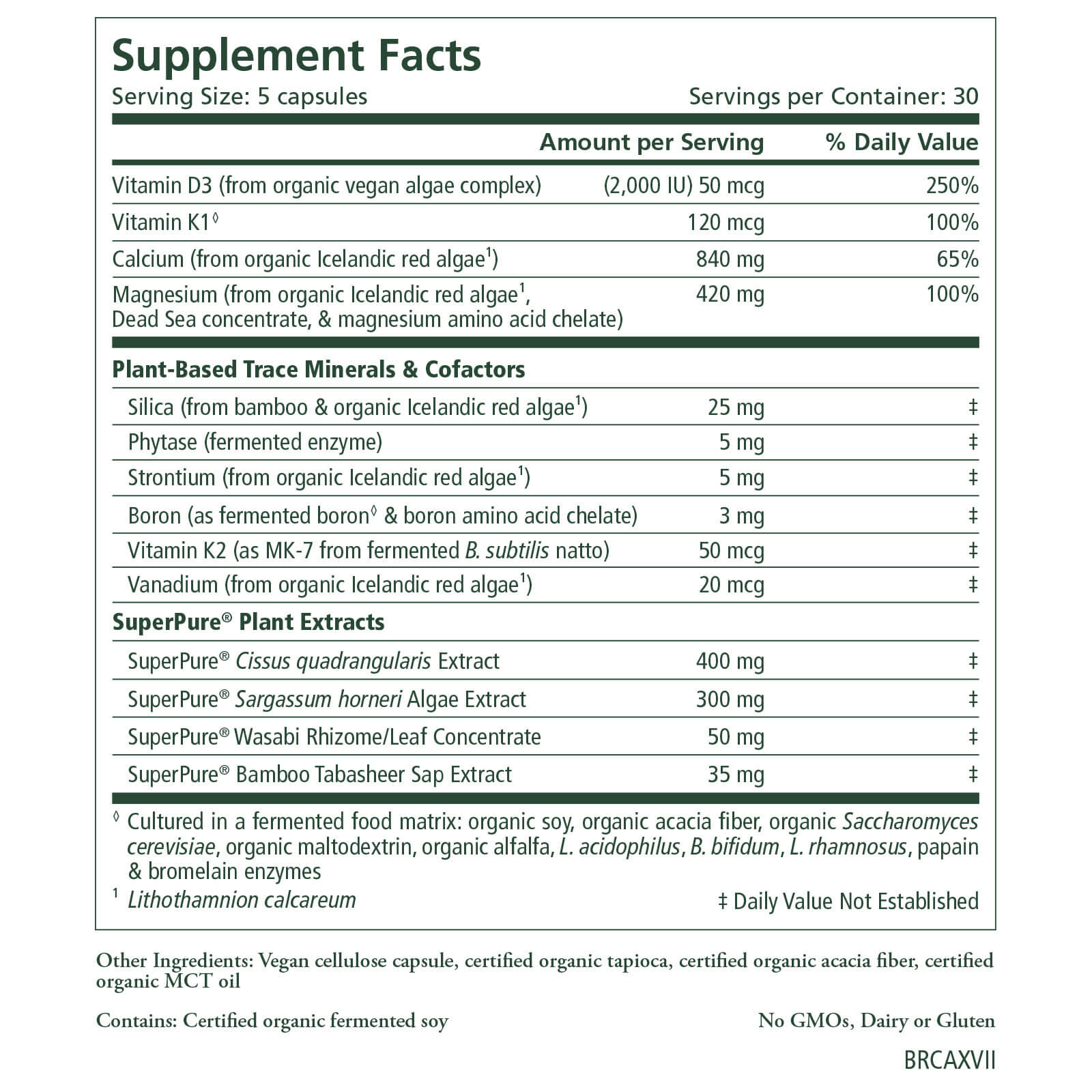 The supplement facts label for Longevity by The Synergy Company highlights its benefits for bone health. It provides information on the serving size, which is 5 capsules, and the total servings per container, numbering 30. The ingredients include vitamin D3, calcium, and magnesium alongside plant-based extracts and proprietary blends aimed at supporting cellular health.