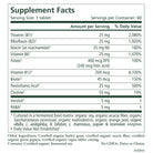 Image of the supplement facts label for Mood & Stress Balance by The Synergy Company, showing nutrient amounts such as Thiamin, Riboflavin, Niacin, Vitamins B6 and B12, Biotin, Pantothenic Acid, Choline, Inositol, and PABA per tablet. Formulated to support adrenal health and enhance stress resilience. Free from GMOs, dairy, and gluten with added ingredients.