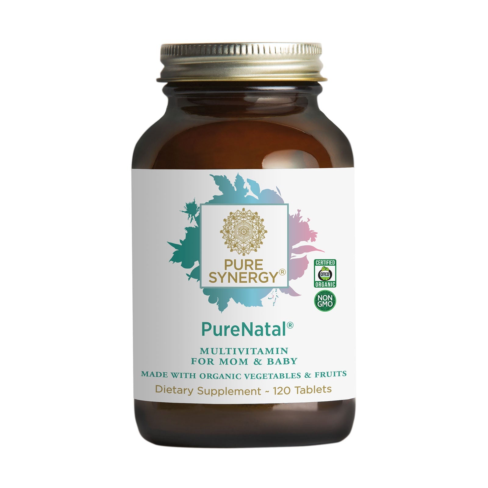 A brown bottle labeled The Synergy Company PureNatal® with 120 tablets, featuring organic and non-GMO seals, nature-themed graphics, and formulated to support moms and babies during pregnancy and breastfeeding.