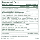 Introducing the Supplement Facts label for "Longevity," a dietary supplement by The Synergy Company designed to promote cellular health. It includes ingredients such as organic cruciferous sprout protectors, organic active extract protectors, green superfood protectors, and organic live juice protectors. This product is Non-GMO, dairy-free, and gluten-free.