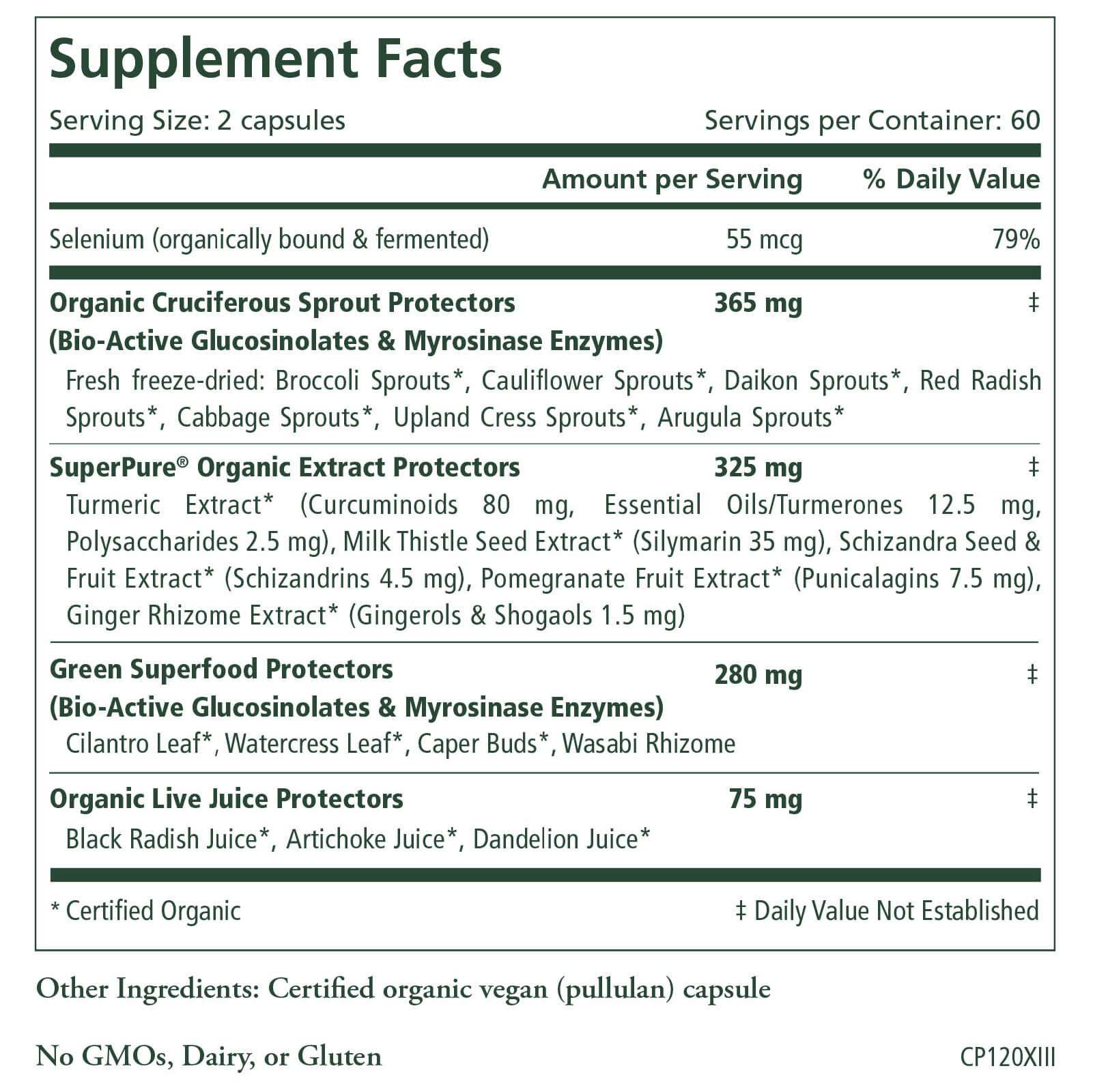 Introducing the Supplement Facts label for "Longevity," a dietary supplement by The Synergy Company designed to promote cellular health. It includes ingredients such as organic cruciferous sprout protectors, organic active extract protectors, green superfood protectors, and organic live juice protectors. This product is Non-GMO, dairy-free, and gluten-free.