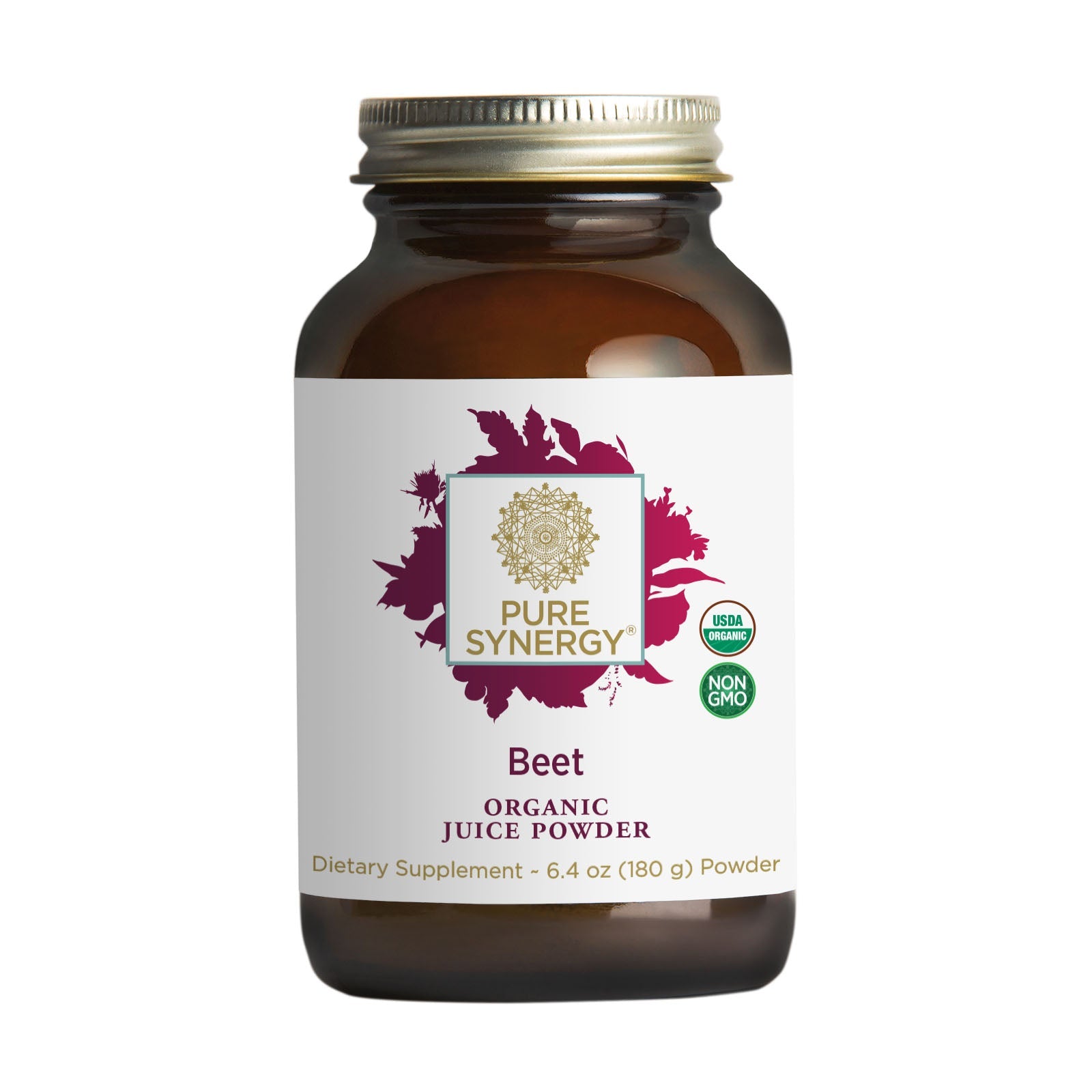 A 6.4 oz (180g) brown glass jar of The Synergy Company Organic Beet Juice Powder, a USDA Organic and Non-GMO dietary supplement rich in antioxidants and natural nitrates.
