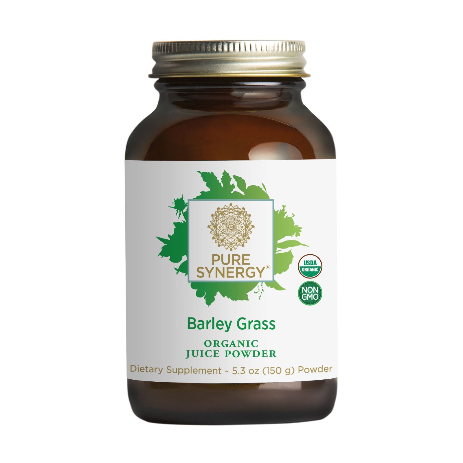 A 5.3 oz (150 g) brown glass jar of The Synergy Company Organic Barley Grass Juice Powder features green leaf graphics, USDA Organic and Non-GMO badges, and is rich in antioxidant enzymes and alkalizing minerals.