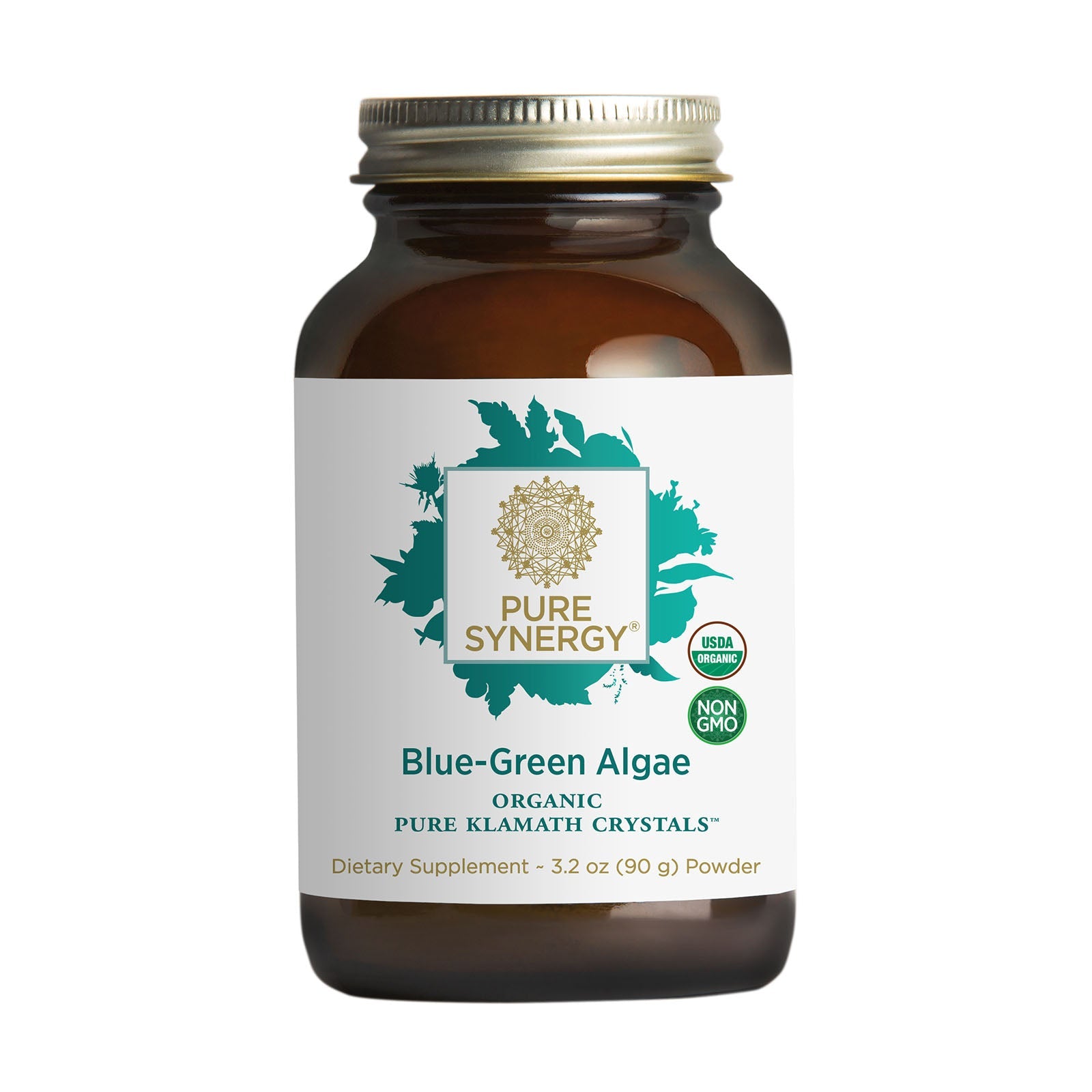 A brown glass jar of The Synergy Company Organic Blue-Green Algae Powder with a white label, USDA Organic and Non-GMO seals, and a gold emblem. Contains 3.2 oz (90 g) of organic Aphanizomenon flos-aquae supplement.