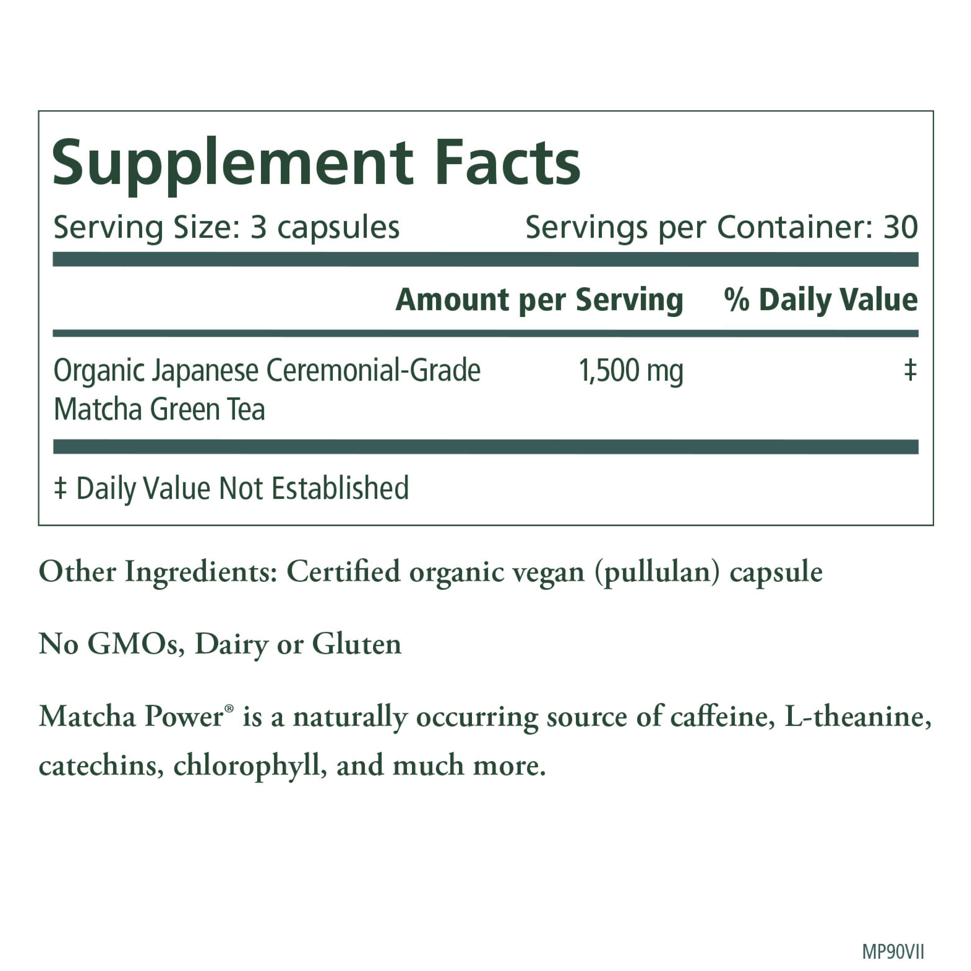 Supplement Facts label for the Working Man Bundle by The Synergy Company, offering adaptogen-rich Organic Japanese Ceremonial-Grade Matcha Green Tea capsules. Serving size: 3 capsules, with 30 servings per container. Each serving provides 1,500 mg of matcha. The capsules are certified organic vegan and are free from GMOs, dairy, and gluten.