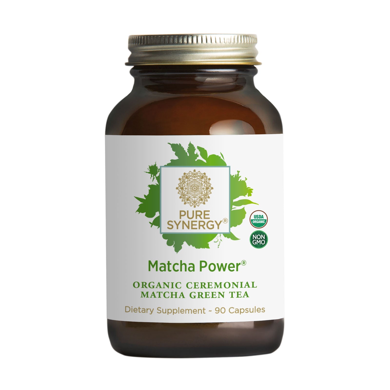 A brown bottle labeled Organic Matcha Power® Capsules by The Synergy Company contains 90 ceremonial-grade matcha capsules. The label features USDA Organic and Non-GMO Project Verified logos.