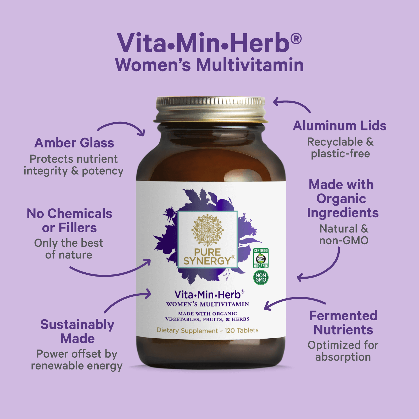 A bottle of Vita•Min•Herb® For Women by The Synergy Company against a purple background, highlighting features such as organic ingredients, aluminum lids, amber glass, chemical-free composition, and sustainably made fermented vitamins for womens health.