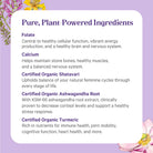 A purple box with corner flowers features text about the benefits of folate, calcium, organic shatavari, ashwagandha root, and turmeric—pure, plant-powered ingredients in The Synergy Company’s Vita•Min•Herb® For Women multivitamin.