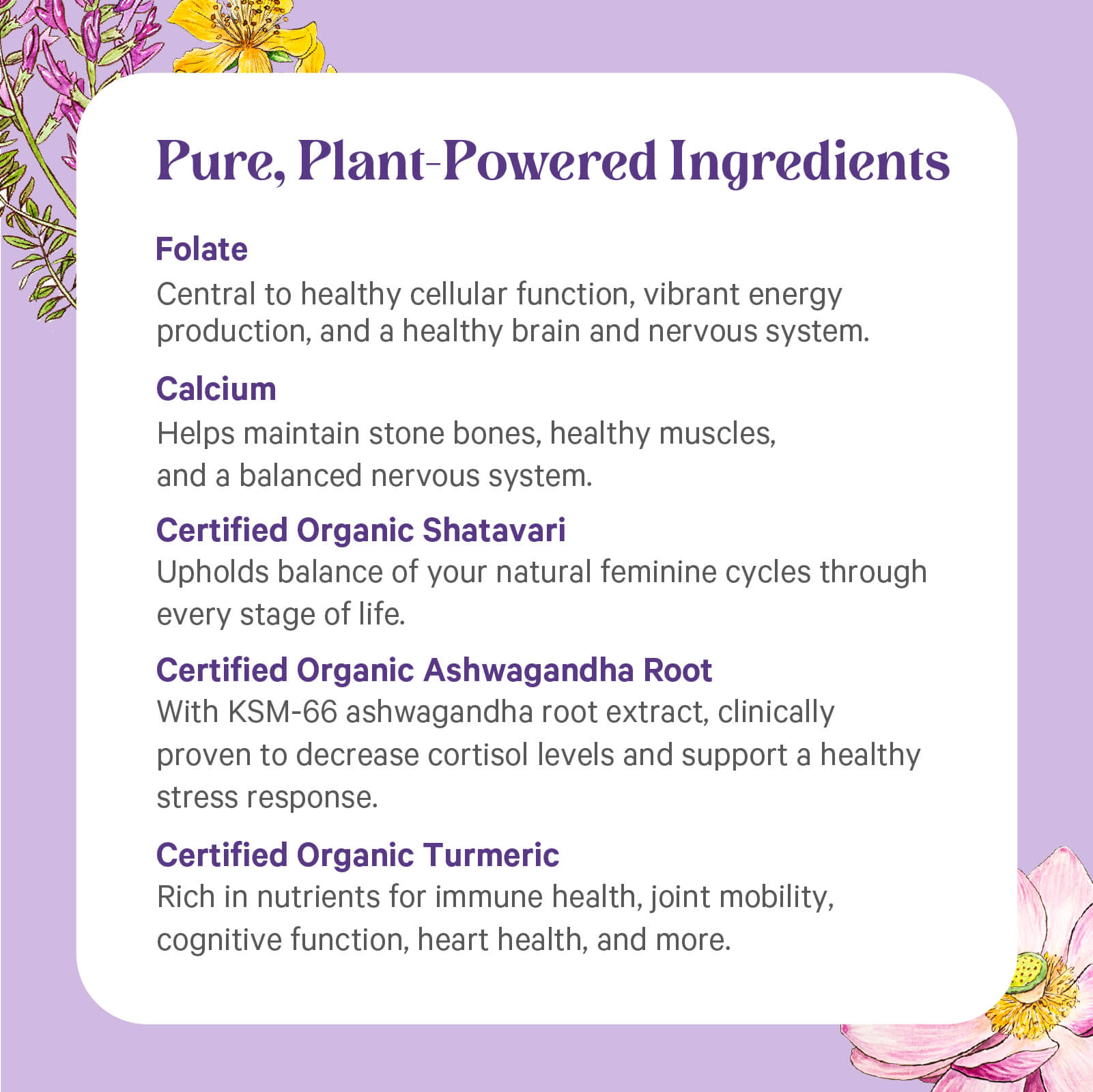 A purple box with corner flowers features text about the benefits of folate, calcium, organic shatavari, ashwagandha root, and turmeric—pure, plant-powered ingredients in The Synergy Company’s Vita•Min•Herb® For Women multivitamin.