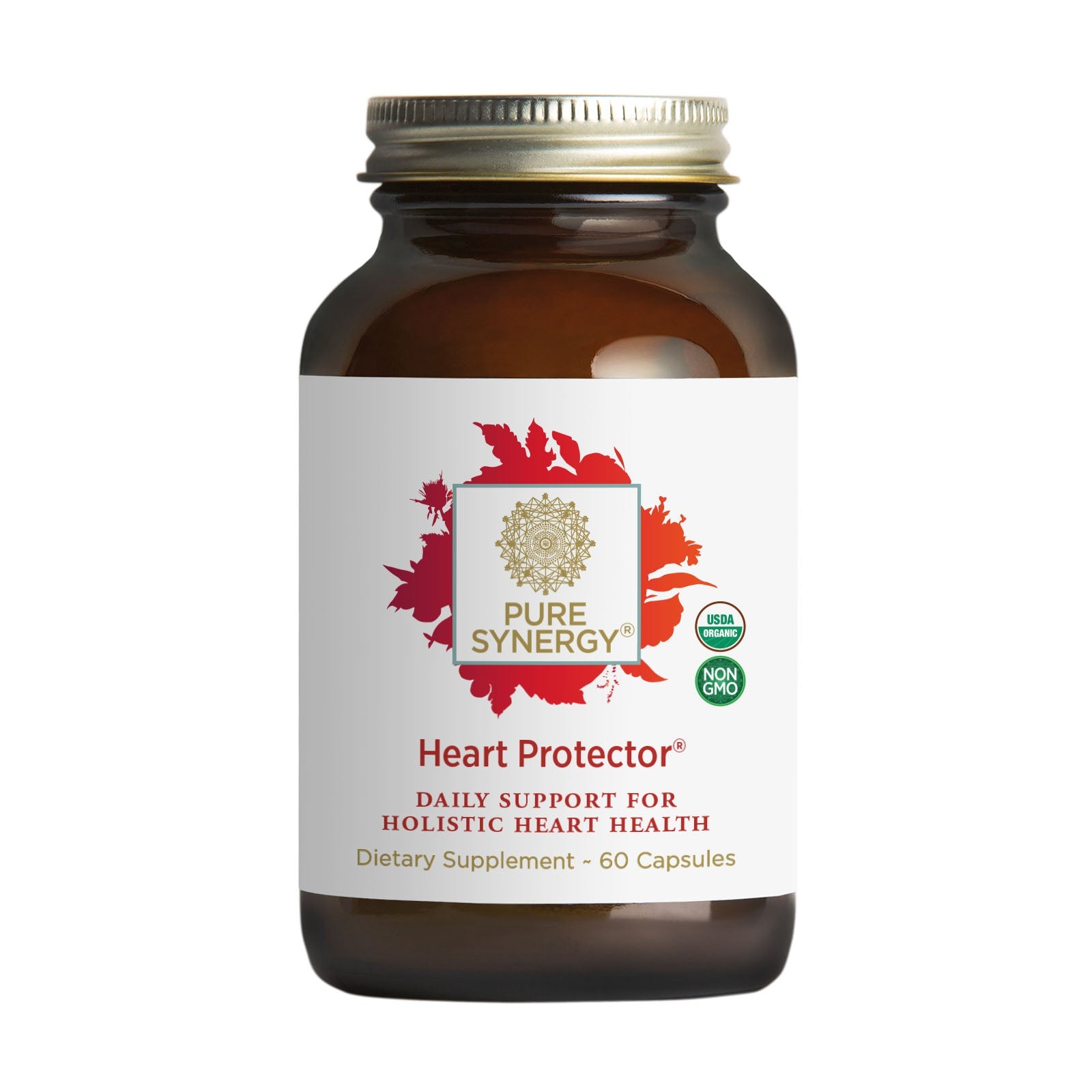 A brown bottle of Heart Protector® by The Synergy Company contains 60 capsules of organic, non-GMO botanical extracts for cardiovascular health. The label features a red leaf design and highlights organic certification.