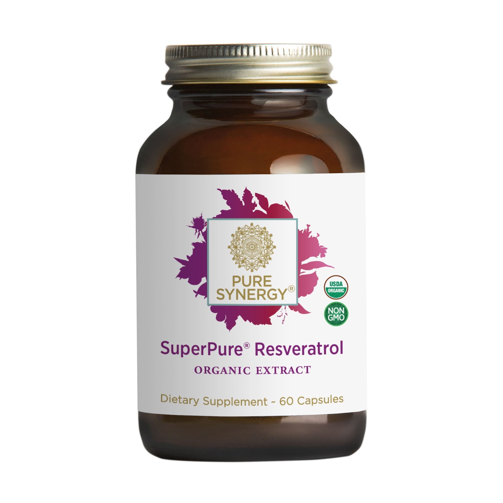 A brown glass bottle of SuperPure® Resveratrol Extract by The Synergy Company contains 60 capsules, features USDA Organic and Non-GMO labels, supports heart health, and has a gold and white lid.
