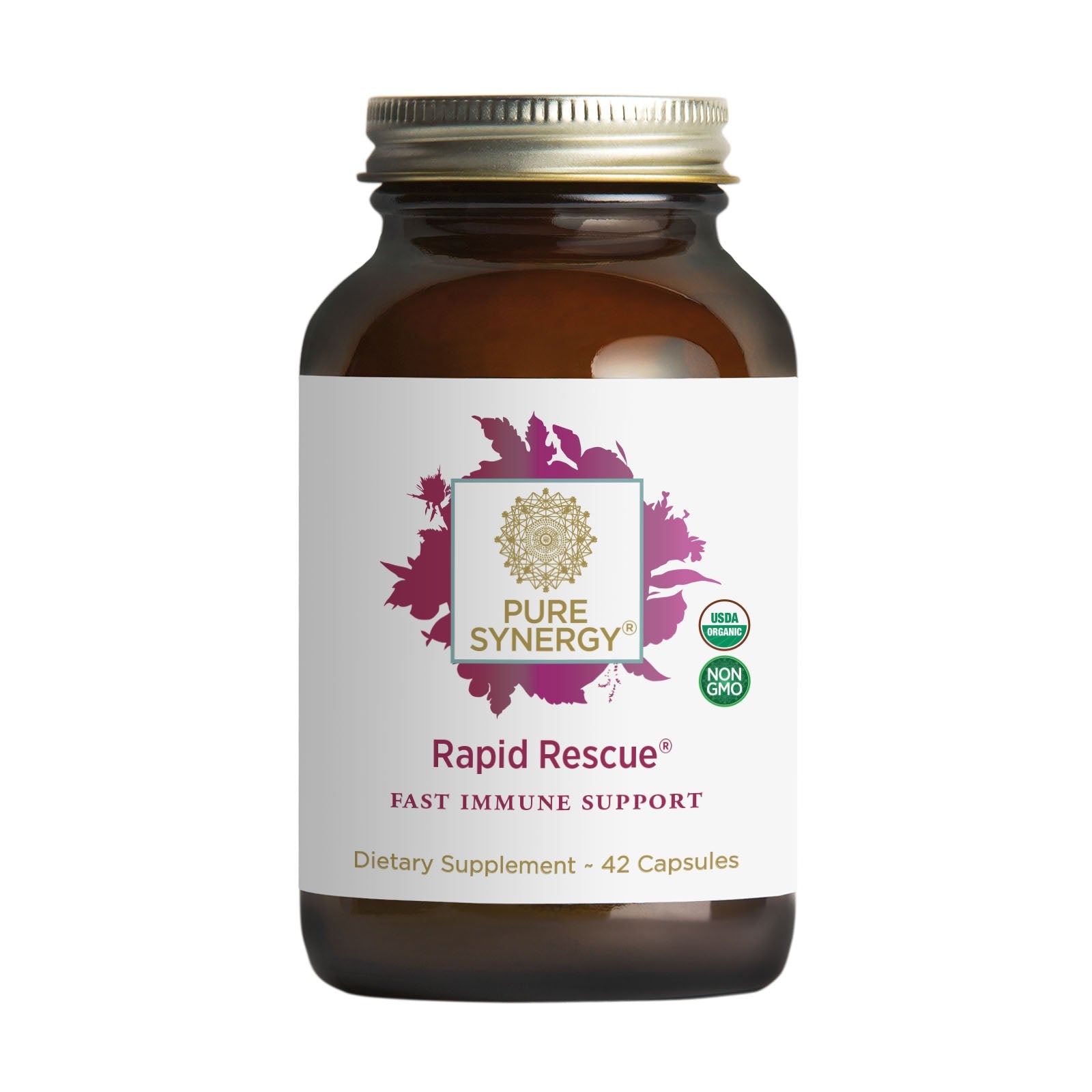 A brown glass bottle labeled Rapid Rescue® by The Synergy Company, a dietary supplement with 42 capsules for fast immune support. The label features organic herbal extracts and displays USDA Organic and Non-GMO Project Verified seals.