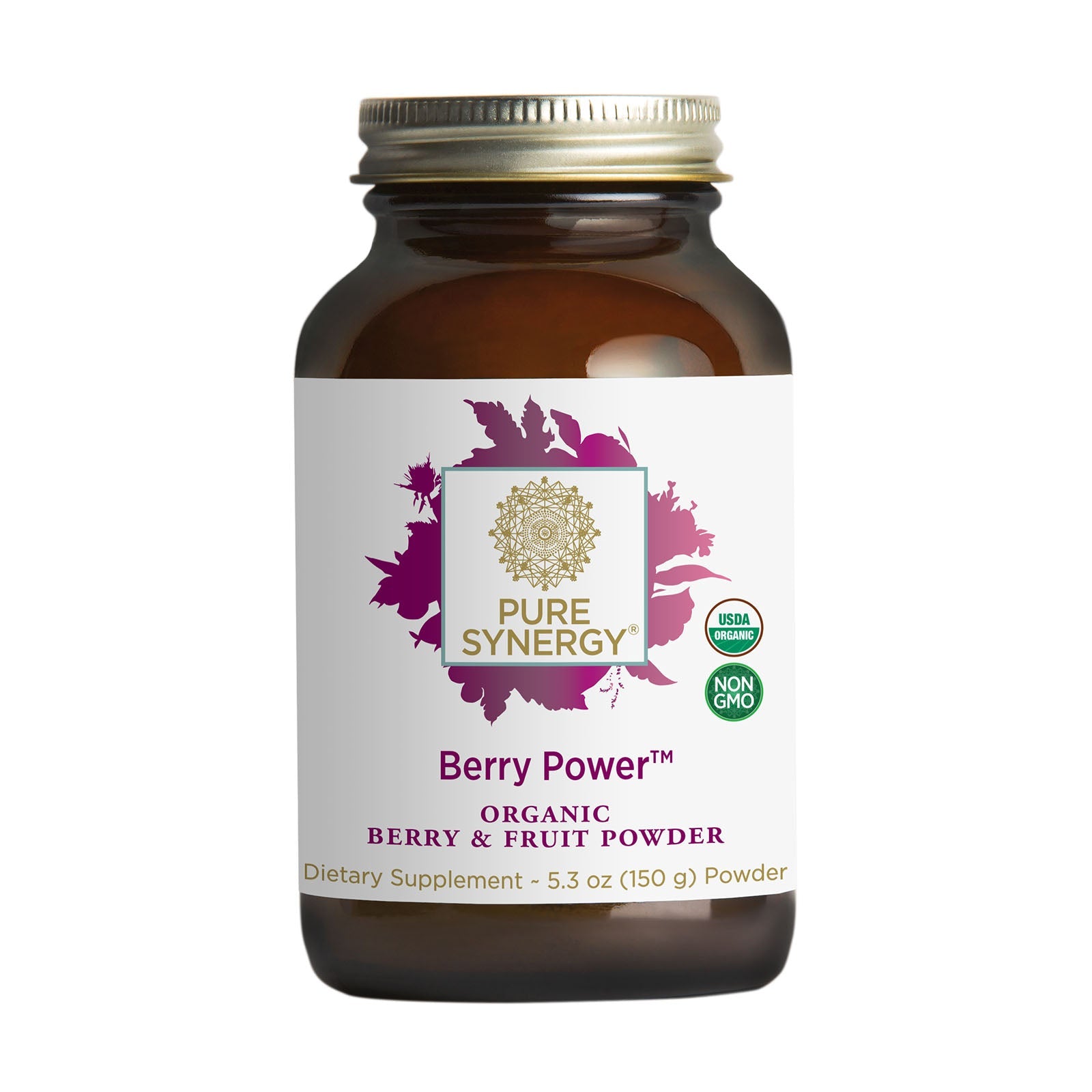 A brown glass jar labeled The Synergy Company Organic Berry Power™ contains 5.3 oz (150 g) of organic berry and fruit powder, rich in antioxidants and vitamin C, with a purple berry graphic, USDA Organic and Non-GMO badges.