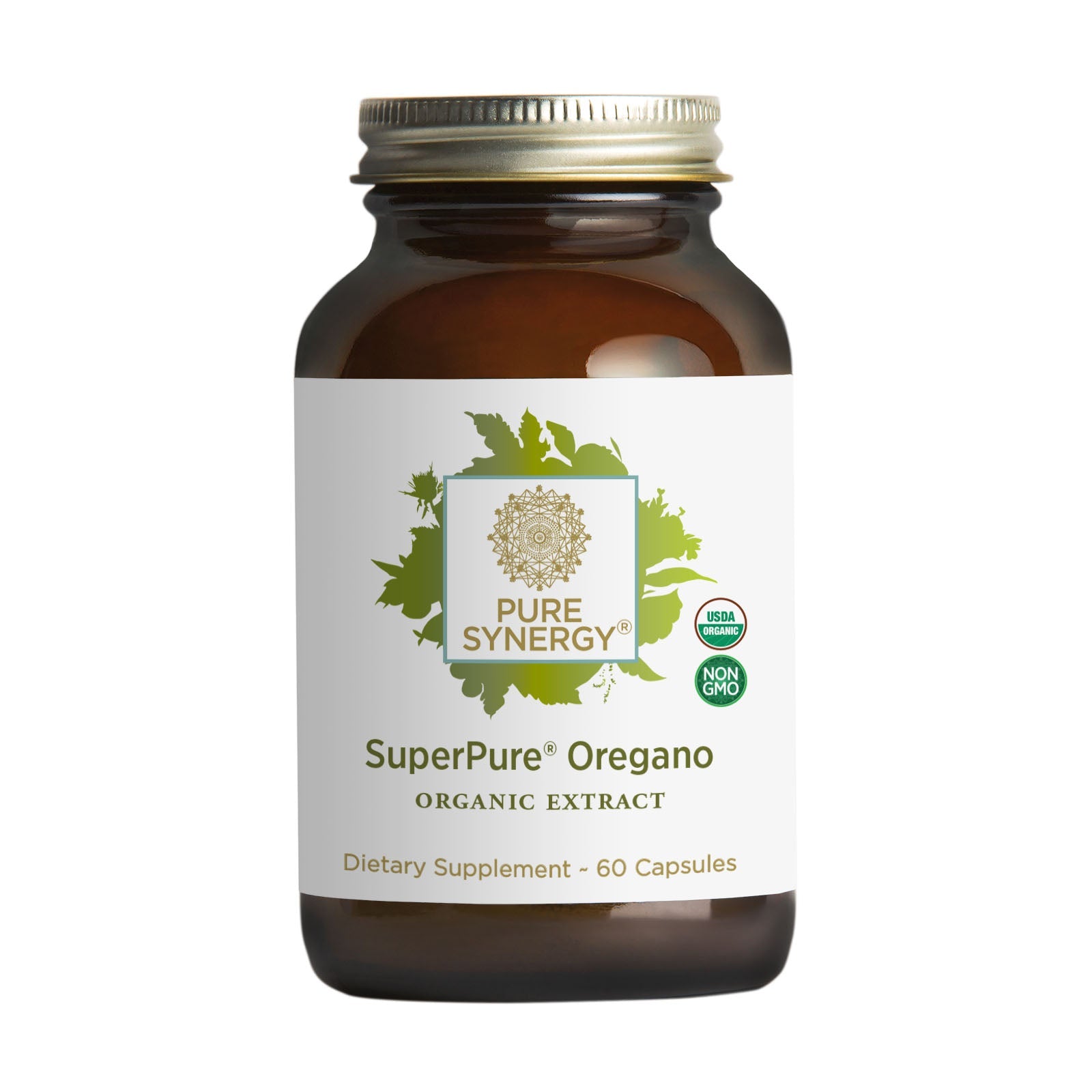 A brown glass bottle of SuperPure® Oregano Extract by The Synergy Company, containing 60 capsules for immune wellness and gut health. The label displays green leaves, certification logos, and info about organic oregano oil.