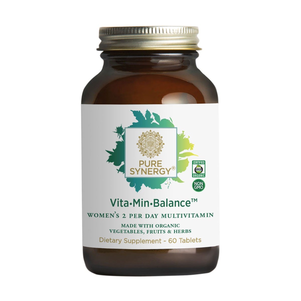 A brown glass bottle of The Synergy Company Vita•Min•Balance® For Women contains 60 tablets with organic vegetables, fruits, herbs, and adaptogen extracts. The label has “Non-GMO” and “USDA Organic” logos.