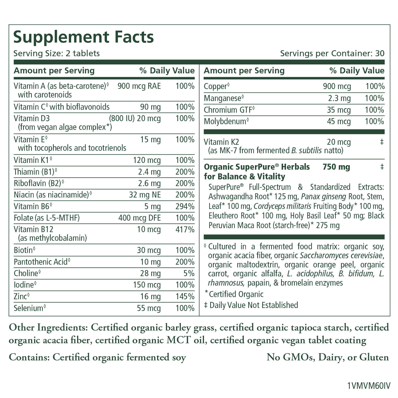 Image displaying the supplement facts label for The Synergy Company's Working Man Bundle, a men's multivitamin health product. It presents a list of vitamins, minerals, proprietary blends, and adaptogens along with their specific daily values. Notes on certification assure the absence of GMOs, dairy, or gluten.