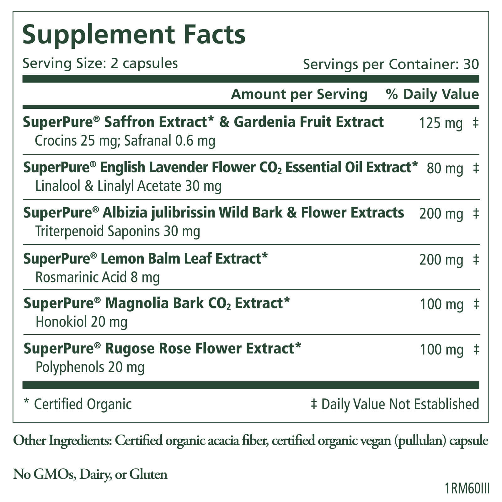 The Supplement Facts label for Mood & Stress Balance by The Synergy Company emphasizes its function in adrenal support, specifying the serving size and the number of capsules. It contains ingredients such as certified organic SuperPure Saffron and English Lavender Extracts, and is free from GMOs, dairy, and gluten.