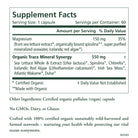 The Supplement Facts label for Vital Ocean Magnesium™ lists serving size, full-spectrum magnesium from mineralized seawater, organic trace minerals, and highlights its organic, vegan, and allergen-free status with a concise product description.