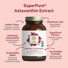 A brown glass bottle of The Synergy Company Radiant Skin Bundle is centered on a pink background, with text and arrows highlighting authentic ingredients, sustainable production, collagen support, recyclable lid, and fat-soluble formula.