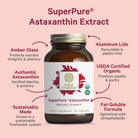 Image of a bottle labeled Radiant Skin Bundle by The Synergy Company, highlighting features: amber glass, aluminum lids, USDA certified organic ingredients, sustainably made with a fat-soluble formula. Enhances collagen production and contains authentic astaxanthin.