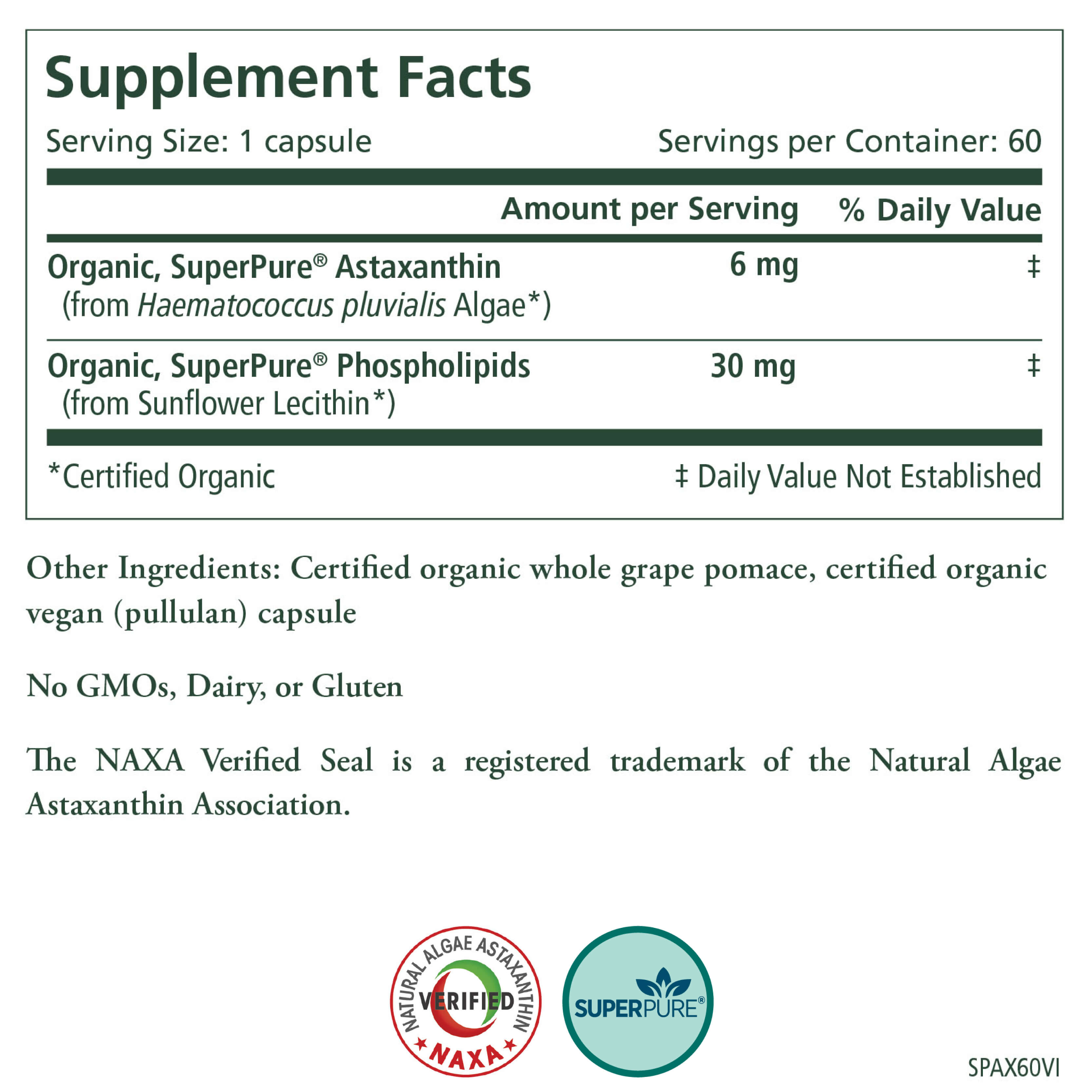 The Supplement Facts label for The Synergy Company's You Glow Girl dietary supplement highlights that each capsule contains 12 mg of Astaxanthin and 30 mg of Phospholipids, providing antioxidant support. This product is non-GMO, dairy-free, and gluten-free. Be sure to check for the NAXA and SuperPure logos on the packaging.