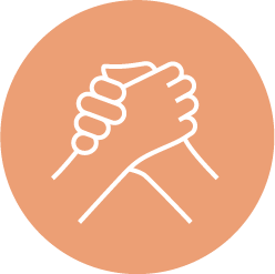 White outline of two hands clasping each other in a firm grip, centered on an orange circular background.
