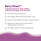 Organic Berry Power™ by The Synergy Company features checkmarked benefits: immune support, vibrant skin, heart health, organic ingredients, and no added sugars. Packed with phytonutrients and antioxidants from premium superfruits. Purple wave design below.