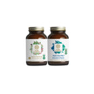 Two brown glass supplement bottles from The Synergy Company’s Beginner Bundle, each with a gold lid and white label: the left contains an organic superfood powder; the right is a whole food multivitamin with organic vegetables and fruits.