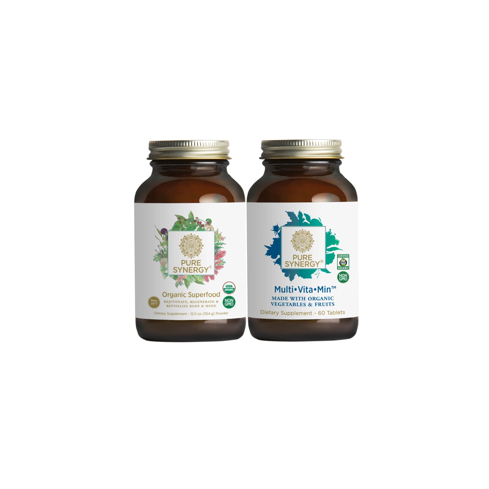 Two brown glass supplement bottles from The Synergy Company’s Beginner Bundle, each with a gold lid and white label: the left contains an organic superfood powder; the right is a whole food multivitamin with organic vegetables and fruits.