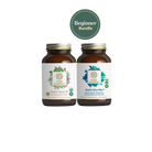 Two brown glass bottles of supplements from The Synergy Company, labeled as Organic Superfood and Multi-Vita•Min, are displayed side by side. Above them, a green circle with the text "Beginner Bundle" highlights their organic ingredients.