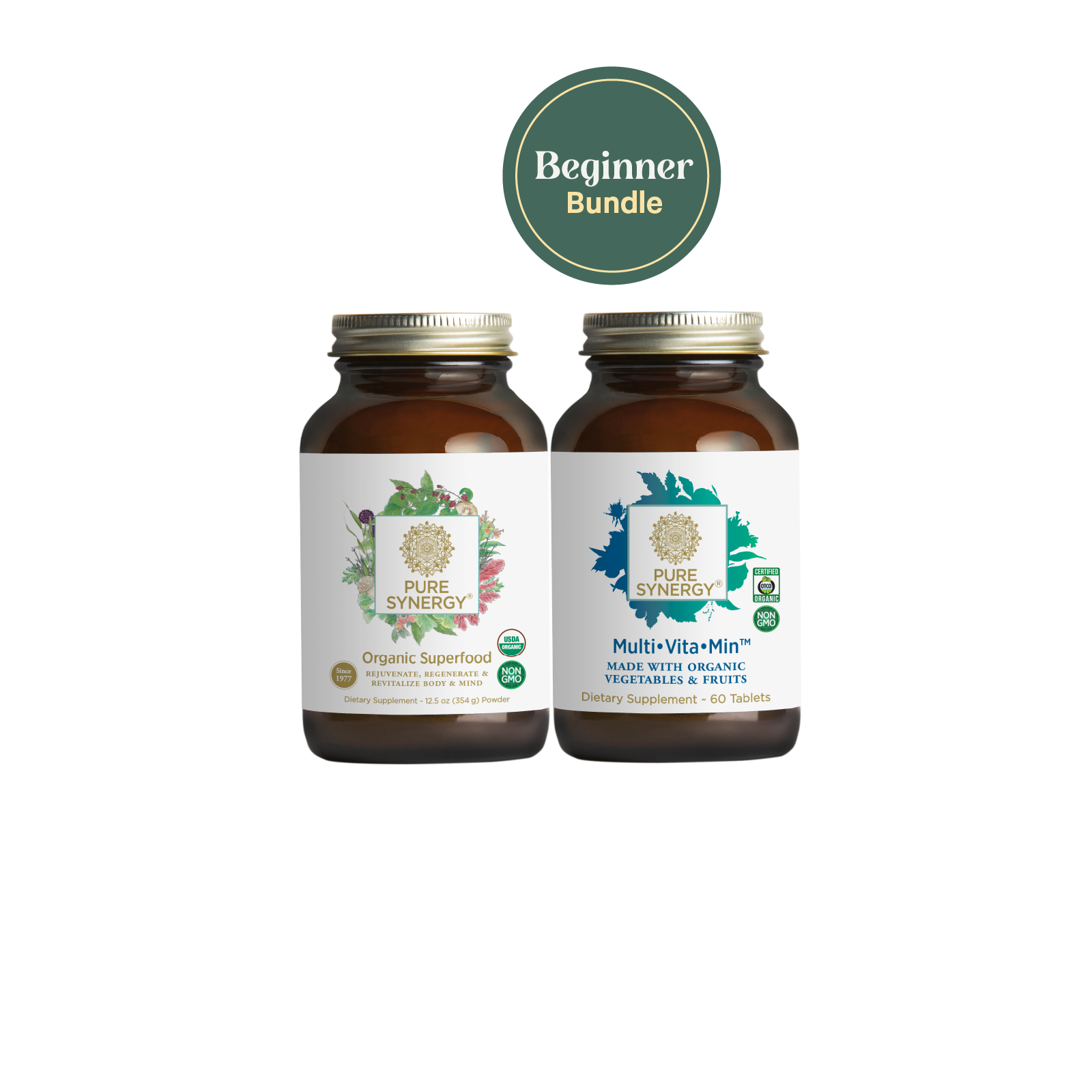 Two brown glass bottles of supplements from The Synergy Company, labeled as Organic Superfood and Multi-Vita•Min, are displayed side by side. Above them, a green circle with the text "Beginner Bundle" highlights their organic ingredients.