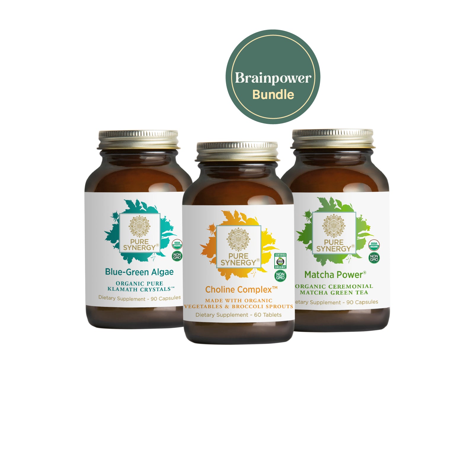Three brown supplement bottles from The Synergy Company—Blue-Green Algae, Fermented Choline Complex, and Matcha Power—are topped by a green circle that says Brainpower Bundle.