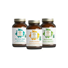 The Synergy Company’s Brainpower Bundle is shown: three brown glass supplement bottles—Matcha Power, Choline Complex (fermented choline), and Blue-Green Algae (Klamath Lake). Labels display green and blue plant imagery.