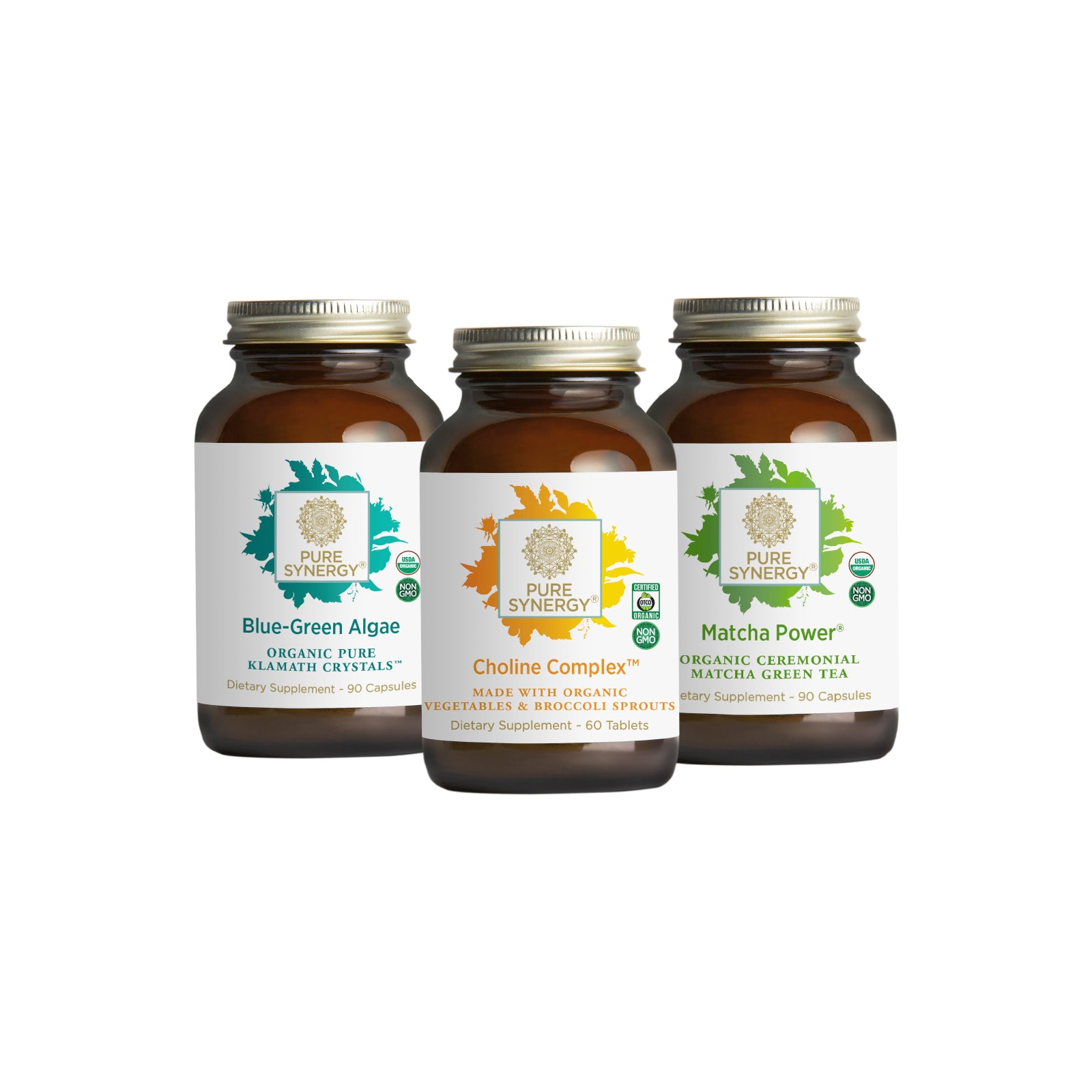 The Synergy Company’s Brainpower Bundle is shown: three brown glass supplement bottles—Matcha Power, Choline Complex (fermented choline), and Blue-Green Algae (Klamath Lake). Labels display green and blue plant imagery.