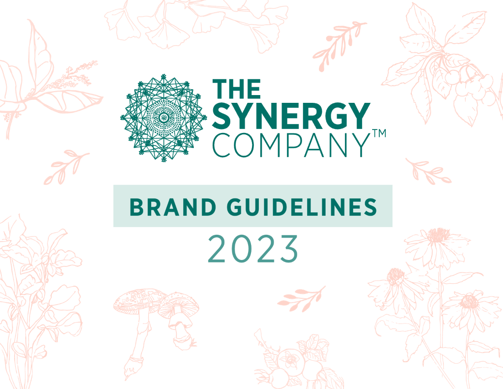 Brand guidelines cover for The Synergy Company, featuring a floral graphic design with illustrations of various plants in soft pink and green. The year 2023 is prominently displayed below the brand name.