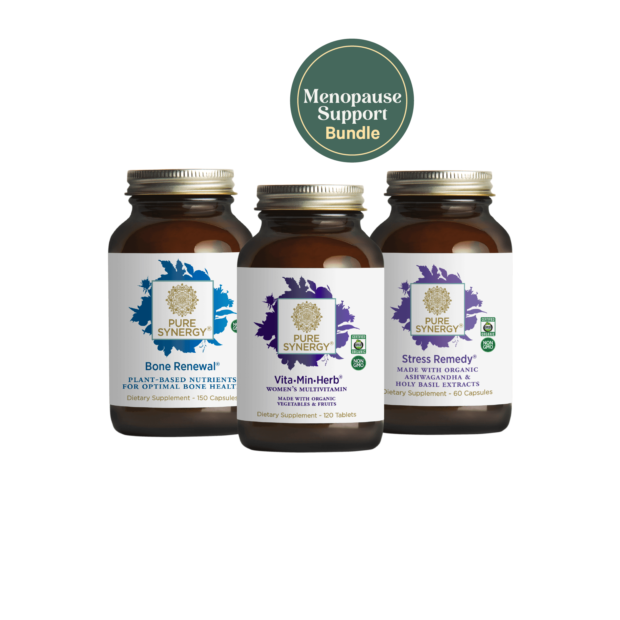 The Synergy Company Menopause Support Bundle—three brown supplement bottles for bone health and adrenal support—your go-to menopause supplements.