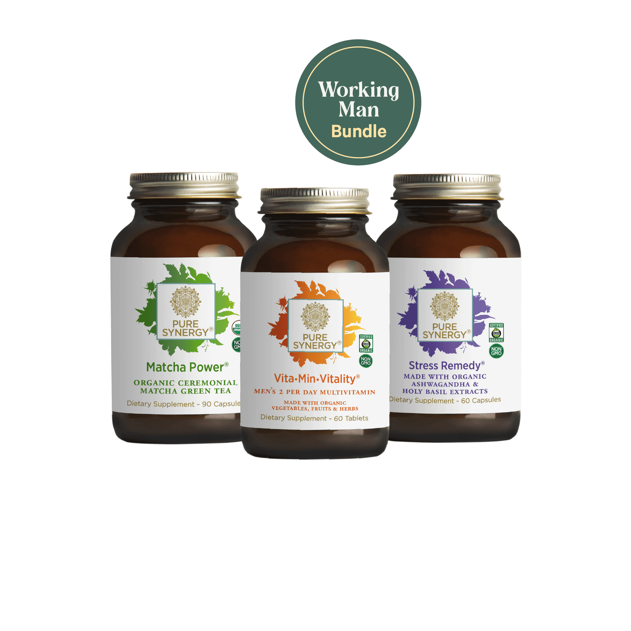 Three amber supplement bottles labeled Matcha Power, Vita•Min•Vitality Men’s, and Stress Remedy by The Synergy Company are shown on a white background with a green circle above reading Working Man Bundle.