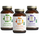 Three brown glass bottles from The Synergy Company’s Working Man Bundle, each with colorful leaf graphics and white labels, stand side by side on a white background.