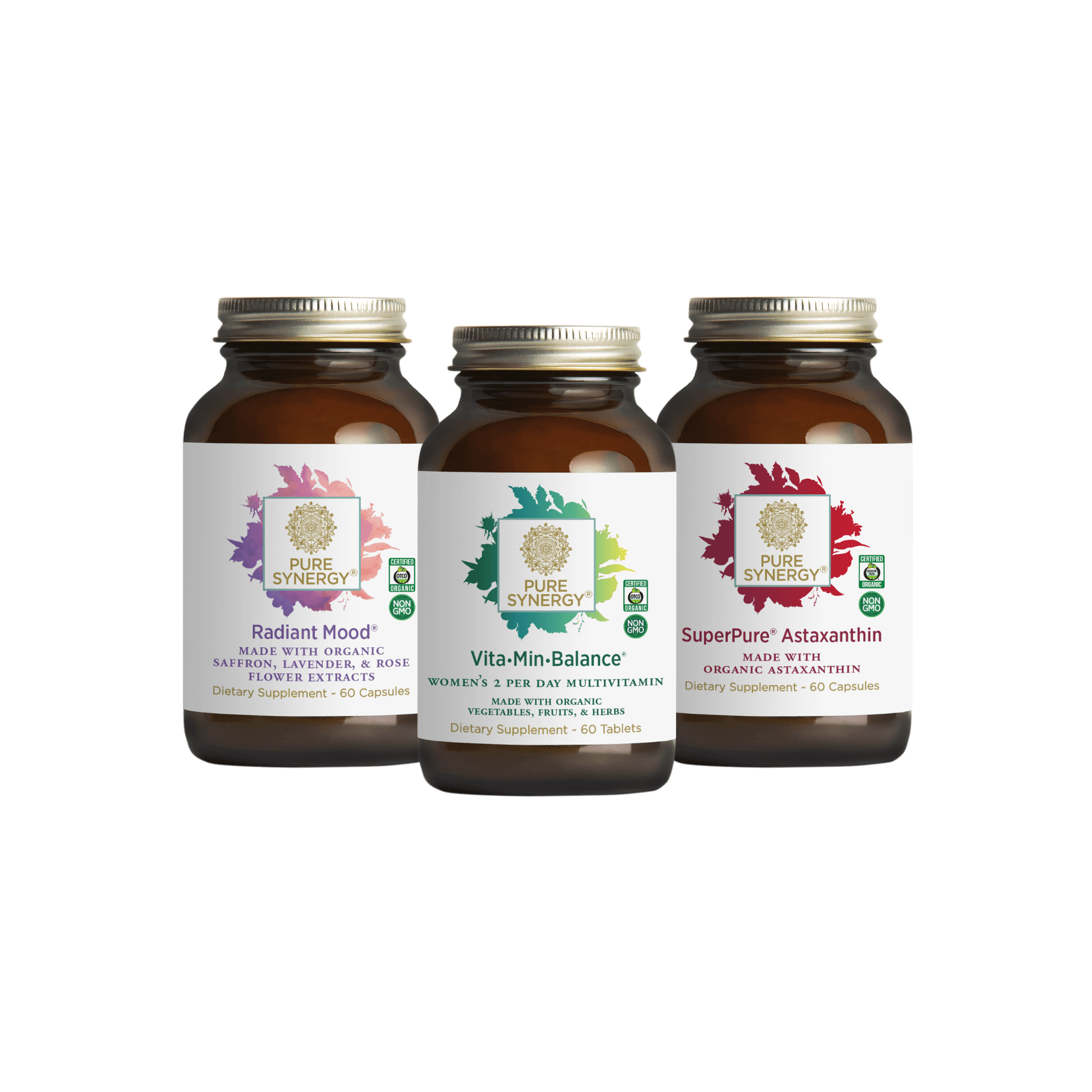 Three brown glass bottles of The Synergy Companys You Glow Girl Bundle are arranged side by side, offering energy and stress support with options including a women’s multivitamin.